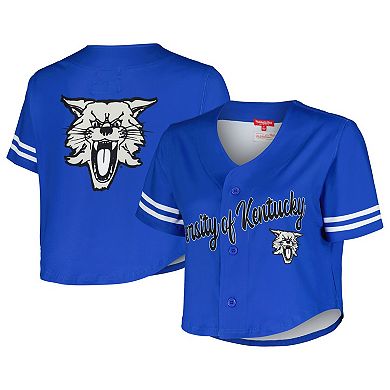 Women's Mitchell & Ness Royal Kentucky Wildcats Vault Cropped V-Neck Button-Up Shirt