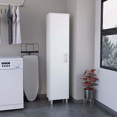 DEPOT E-SHOP Dryden Tall Narrow Storage Cabinet with 5-Tier Shelf and Broom Hangers, White