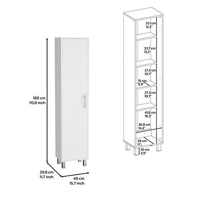 DEPOT E-SHOP Dryden Tall Narrow Storage Cabinet with 5-Tier Shelf and Broom Hangers, White