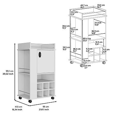 DEPOT E-SHOP Fraser Bar Cart with 6 Built-in Wine Rack and Casters, White