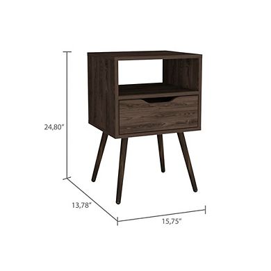 DEPOT E-SHOP Emma Nightstand, Superior Top, Four Legs, One Open Shelf, One Drawer, Dark Walnut