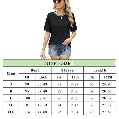 Womens Summer Dressy Casual Short Sleeves T Shirts Loose Tops Striped Color Block Crew Blouses