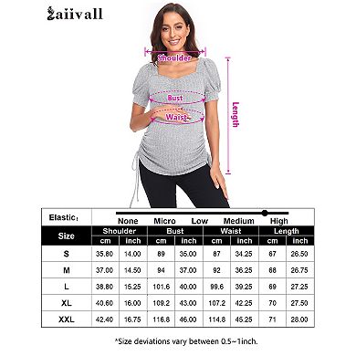 Women's Puff Sleeve Drawstring Ruched Sides Square Neck Ribbed Knit Pregnant Top Maternity Shirts