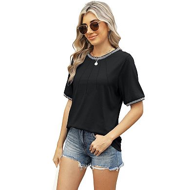 Womens Summer Dressy Casual Short Sleeves T Shirts Loose Tops Striped Color Block Crew Blouses