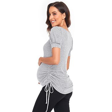 Women's Puff Sleeve Drawstring Ruched Sides Square Neck Ribbed Knit Pregnant Top Maternity Shirts