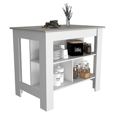 DEPOT E-SHOP Delos Kitchen Island, Four Legs, Three Shelves, White / Ibiza Marble