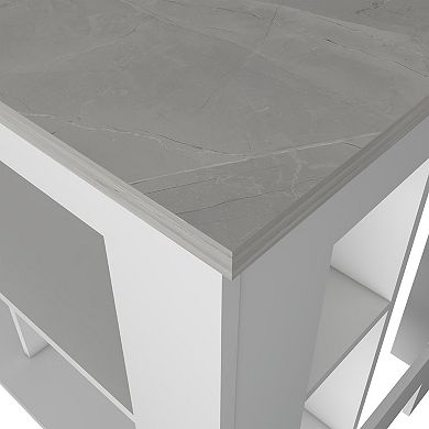 DEPOT E-SHOP Delos Kitchen Island, Four Legs, Three Shelves, White / Ibiza Marble