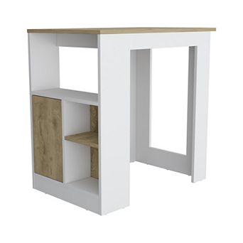 DEPOT E-SHOP Masset Kitchen Island with Side Shelves and Cabinet, White / Macadamia