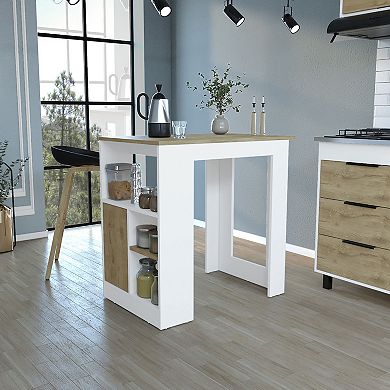 DEPOT E-SHOP Masset Kitchen Island with Side Shelves and Cabinet, White / Macadamia