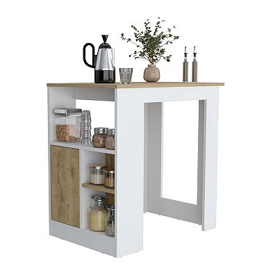 DEPOT E-SHOP Masset Kitchen Island with Side Shelves and Cabinet, White / Macadamia