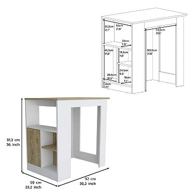 DEPOT E-SHOP Masset Kitchen Island with Side Shelves and Cabinet, White / Macadamia
