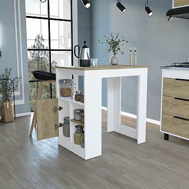 DEPOT E-SHOP Masset Kitchen Island with Side Shelves and Cabinet, White / Macadamia