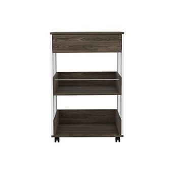 DEPOT E-SHOP Pillar Kitchen Cart, Four Casters, Three Shelves, White / Dark Walnut