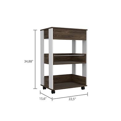 DEPOT E-SHOP Pillar Kitchen Cart, Four Casters, Three Shelves, White / Dark Walnut