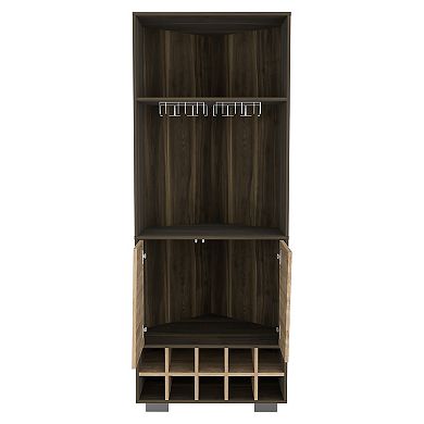 DEPOT E-SHOP Nassau Corner Bar Double Door Cabinet, Ten Built-in Wine Rack, Two Shelves, One Interior Shelf, Dark Oak / Pine
