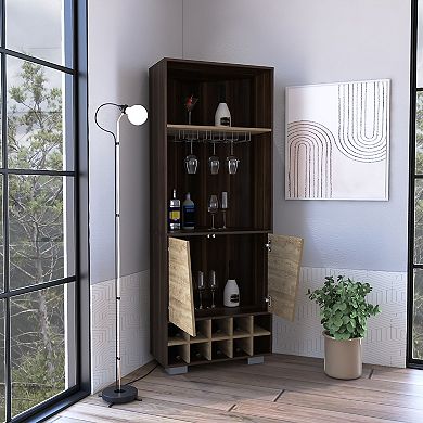 DEPOT E-SHOP Nassau Corner Bar Double Door Cabinet, Ten Built-in Wine Rack, Two Shelves, One Interior Shelf, Dark Oak / Pine