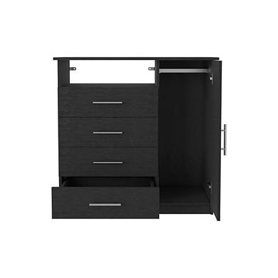 DEPOT E-SHOP Rioja 4 Drawer Dresser, One Open Shelf, Superior Top, Single Door Cabinet, Black