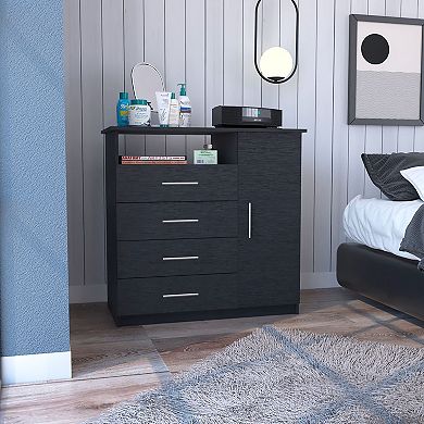 DEPOT E-SHOP Rioja 4 Drawer Dresser, One Open Shelf, Superior Top, Single Door Cabinet, Black