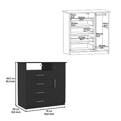 DEPOT E-SHOP Rioja 4 Drawer Dresser, One Open Shelf, Superior Top, Single Door Cabinet, Black