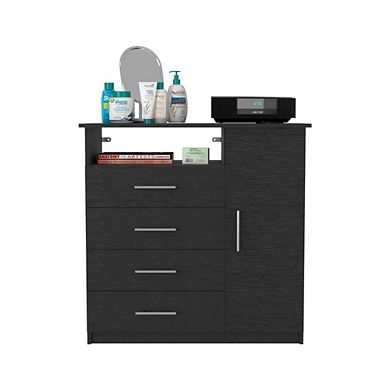 DEPOT E-SHOP Rioja 4 Drawer Dresser, One Open Shelf, Superior Top, Single Door Cabinet, Black