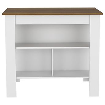 DEPOT E-SHOP Delos Kitchen Island, Four Legs, Three Shelves, White / Walnut