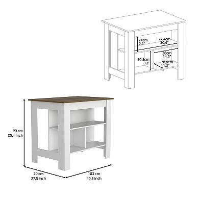 DEPOT E-SHOP Delos Kitchen Island, Four Legs, Three Shelves, White / Walnut