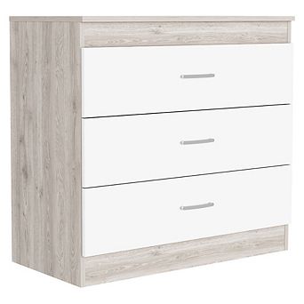 DEPOT E-SHOP Zurich Three Drawers Dresser, Metal Hardware, Superior Top, Light Gray / White