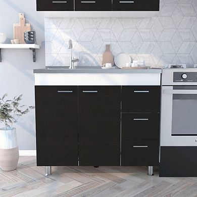 DEPOT E-SHOP Rushville Base Double Door Cabinet, Three Drawers, White / Black