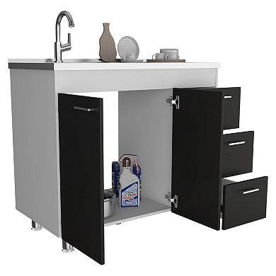 DEPOT E-SHOP Rushville Base Double Door Cabinet, Three Drawers, White / Black