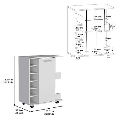 DEPOT E-SHOP Selden Bar Cart with 6-Built in Bottle Racks, Casters and 2-Open Side Shelves, White