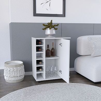 DEPOT E-SHOP Selden Bar Cart with 6-Built in Bottle Racks, Casters and 2-Open Side Shelves, White