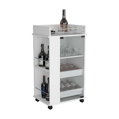 DEPOT E-SHOP Lansing Bar Cart with Glass Door, 2-Side Shelves and Casters, White