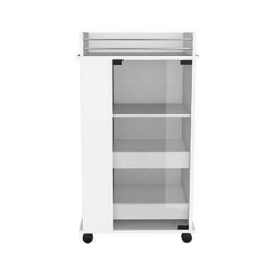 DEPOT E-SHOP Lansing Bar Cart with Glass Door, 2-Side Shelves and Casters, White