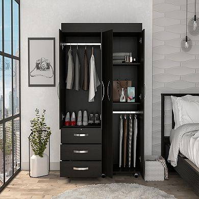 DEPOT E-SHOP Hamilton Mobile Armoire, Double Door Cabinet, Three Drawers, Rods, Two Shelves, Black