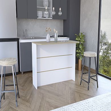 DEPOT E-SHOP Britton kitchen Island with Two-Tier Storage Shelf and Ample Workstation, White / Light Pine