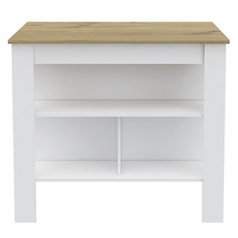 DEPOT E-SHOP Delos Kitchen Island, Four Legs, Three Shelves, White / Light Oak