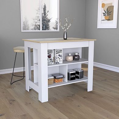 DEPOT E-SHOP Delos Kitchen Island, Four Legs, Three Shelves, White / Light Oak