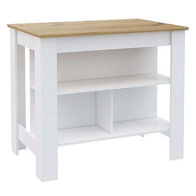 DEPOT E-SHOP Delos Kitchen Island, Four Legs, Three Shelves, White / Light Oak