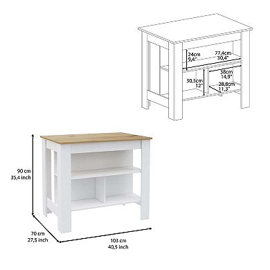 DEPOT E-SHOP Delos Kitchen Island, Four Legs, Three Shelves, White / Light Oak