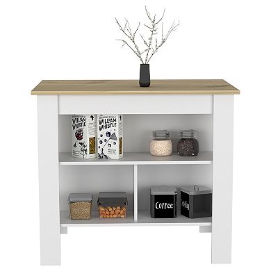 DEPOT E-SHOP Delos Kitchen Island, Four Legs, Three Shelves, White / Light Oak