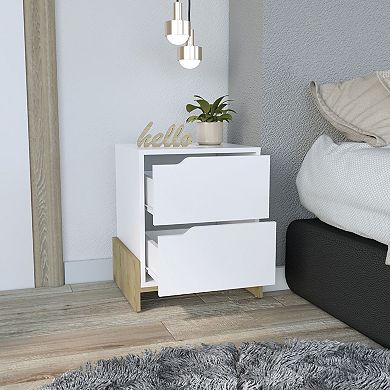 DEPOT E-SHOP Haines Nightstand with 2-Drawers, End Table with Sturdy Base, White / Macadamia