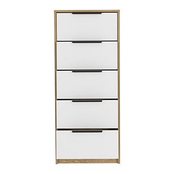 DEPOT E-SHOP Egeo 5 Drawer Dresser, Vertical Dresser, White / Light Oak