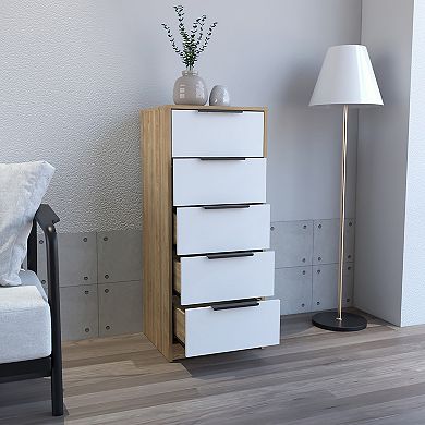 DEPOT E-SHOP Egeo 5 Drawer Dresser, Vertical Dresser, White / Light Oak