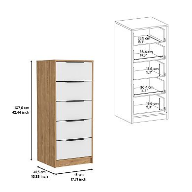 DEPOT E-SHOP Egeo 5 Drawer Dresser, Vertical Dresser, White / Light Oak