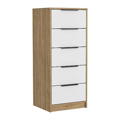 DEPOT E-SHOP Egeo 5 Drawer Dresser, Vertical Dresser, White / Light Oak