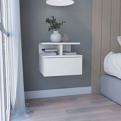 DEPOT E-SHOP Seward Floating Nightstand, Wall Mounted with Single Drawer and 2-Tier Shelf, White