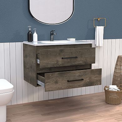 DEPOT E-SHOP Cardova Floating Vanity Bathroom with 2-Drawers, Dark Brown / White