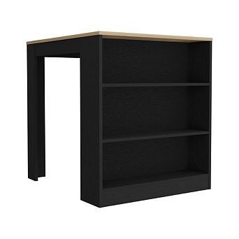DEPOT E-SHOP Milos Kitchen Island Table, Two Legs, Three Side Shelves, Black / Pine