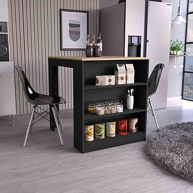 DEPOT E-SHOP Milos Kitchen Island Table, Two Legs, Three Side Shelves, Black / Pine