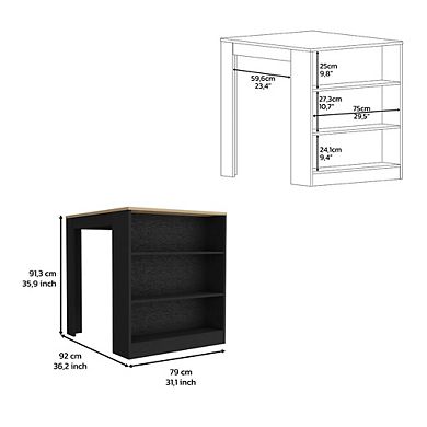 DEPOT E-SHOP Milos Kitchen Island Table, Two Legs, Three Side Shelves, Black / Pine